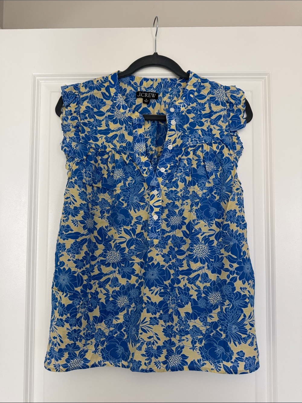 J. Crew Blue Floral Sleeveless Ruffle-Trim Blouse